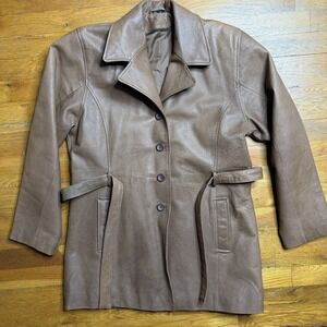 Vintage Leather Jacket Women's Medium Blazer Belted Brown Unisex